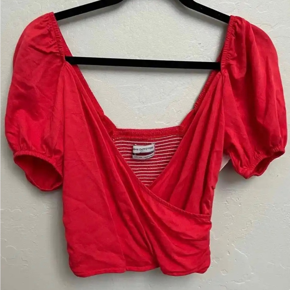 Urban Outfitters Red Beth Surplice Ruched Puff Sleeve Crop Top Size Small